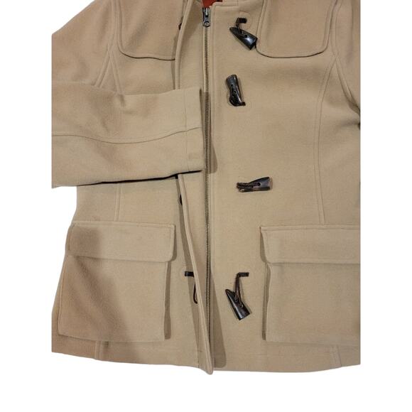 Vintage Lands‎ End 100% Wool Toggle Hooded Coat Medium Tan Nylon Lined Jacket - Picture 3 of 9